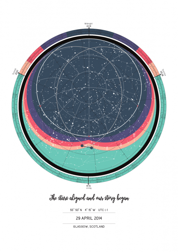 Star map poster in the "Colourful" colour scheme with date, location and custom text