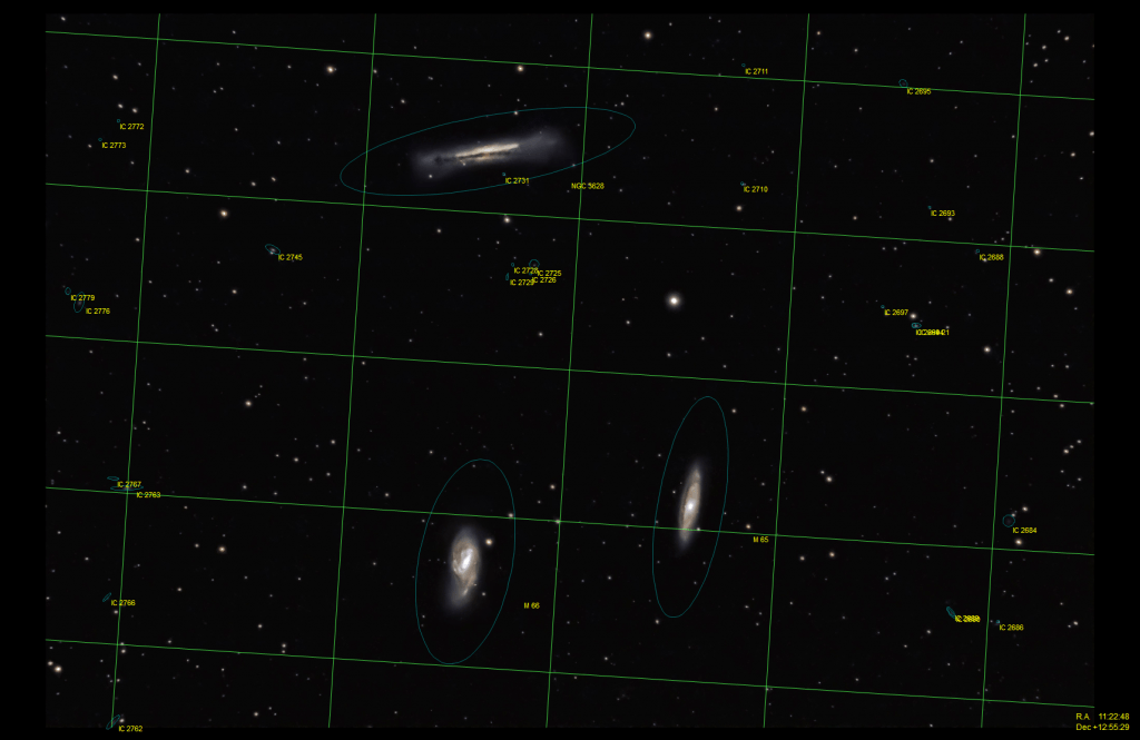 Plate-solved Leo Triplet showing deep sky object shapes and names