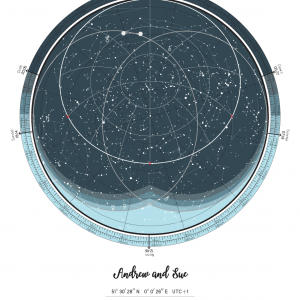 Star map poster in the "Shades of blue" colour scheme with date, location and custom text
