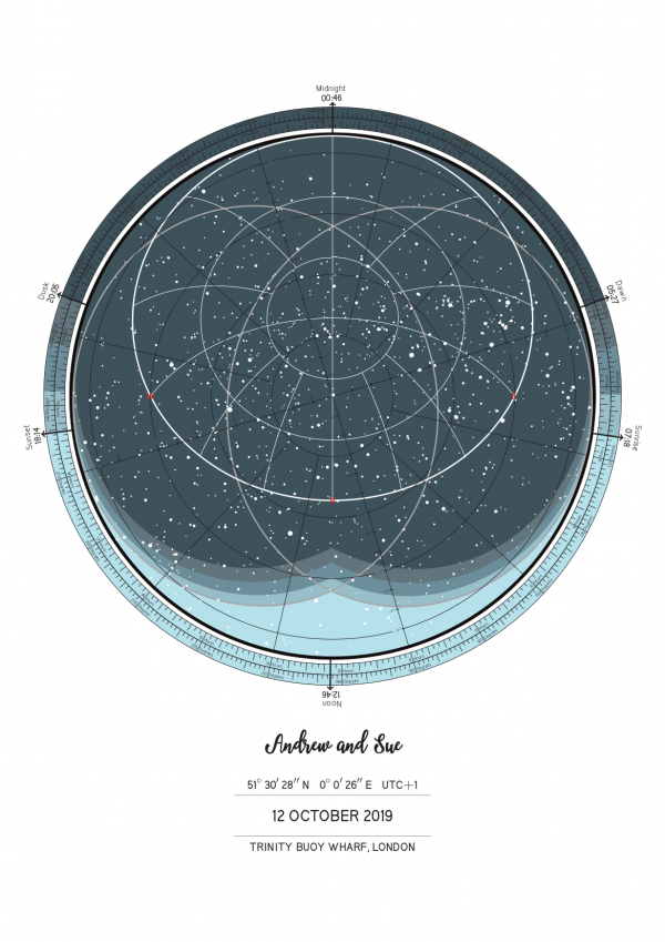 Star map poster in the "Shades of blue" colour scheme with date, location and custom text