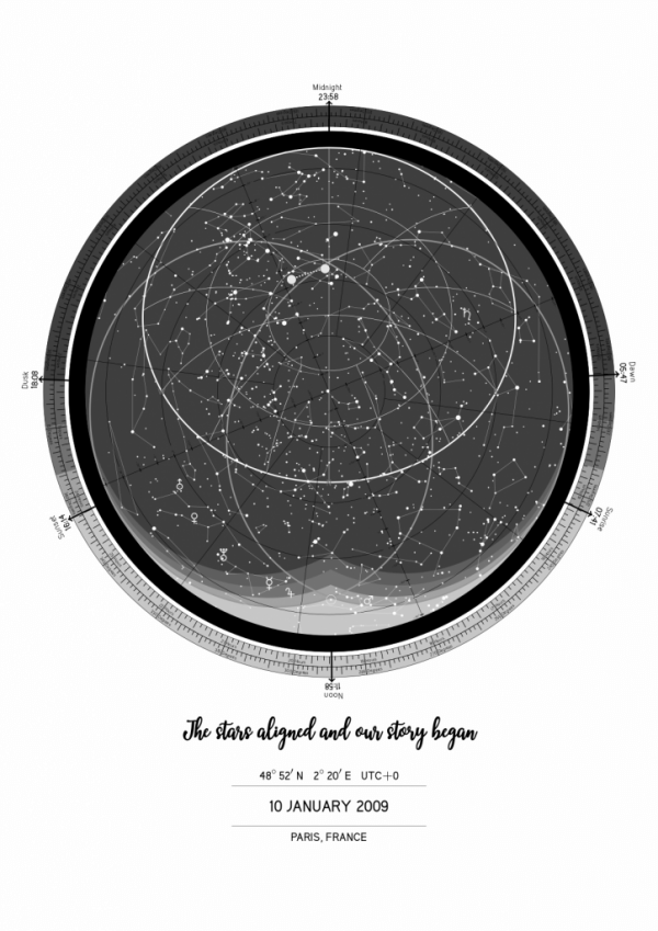 Star map poster in the "Shades of grey" colour scheme with date, location and custom text